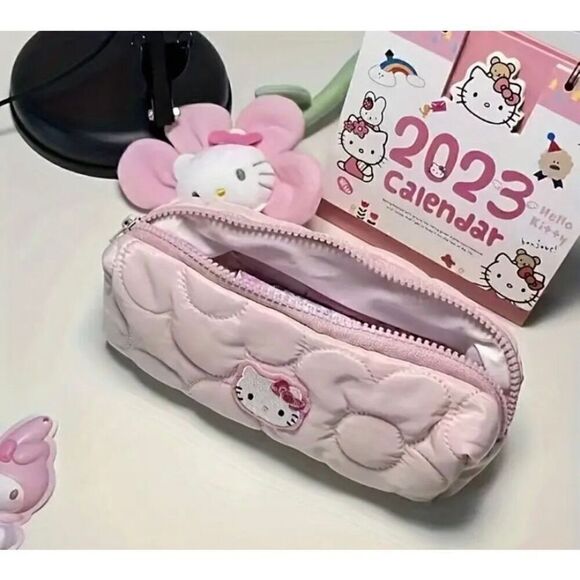 NWT Hello Kitty Pink Embroidered Versatile Pencil Cosmetic Pouch Bag - Picture 2 of 7